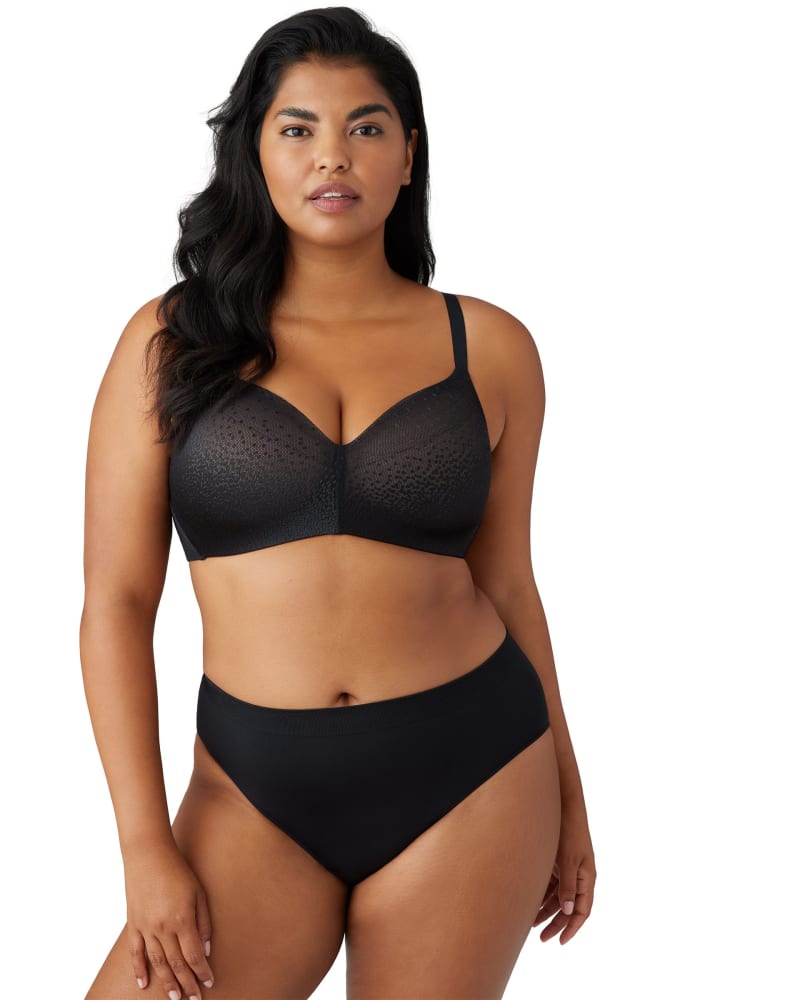 Front of a model wearing a size 36DD Back Appeal® WireFree Contour Bra in Black by Wacoal. | dia_product_style_image_id:304025